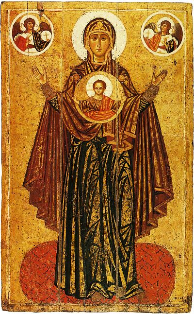 Yaroslavl icons. Theotokos - Great Panagia. The icon from Spas-Transfiguration Cathedral of the Spas-Transfiguration Monastery in Yaroslavl. XII or the first third of the XIII century.