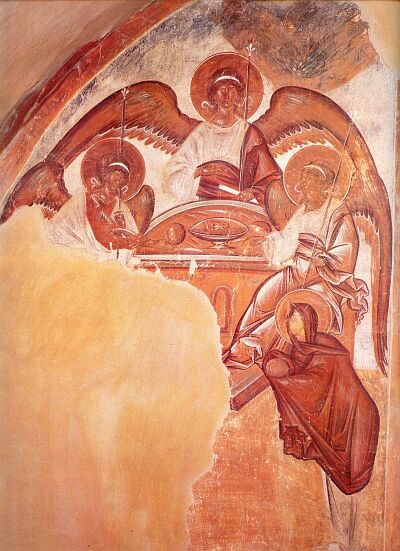 Icons of the Holy Trinity. Theophanes the Greek. The Hospitality of Abraham (Old Testament Trinity). Fresco of Spas na Ilyine Church (The Church of Transfiguration of Christ) in Novgorod. 1378 