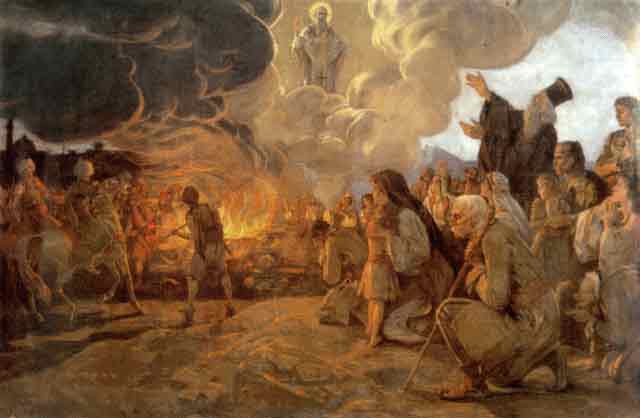 Uros Predic. The burning of Saint Sava's relics by Sinan Pasha on the Vracar hill in Belgrade in 1595.