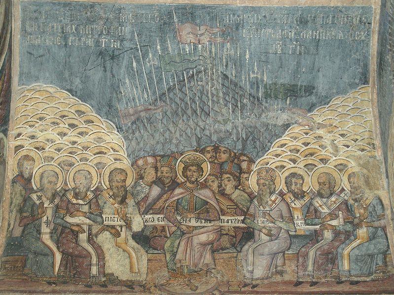 The First Council of Nicea, wall painting at the church of Stavropoleos in Bucharest