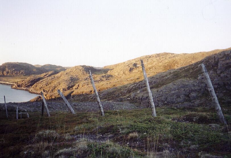 Спуск с запада в Типункову бухту. Июнь 2004. На переднем плане участок "большого оленьего забора", идущего к морю от озера Иваръявр