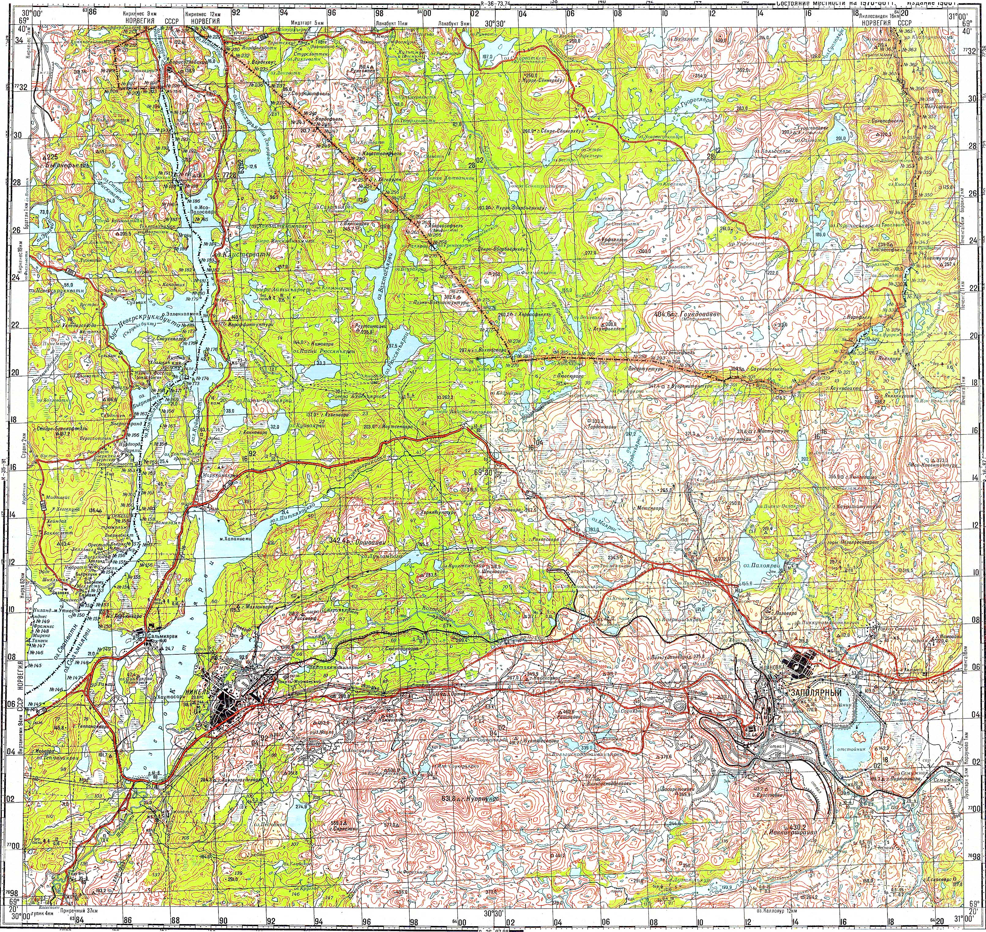 Топографические карты Генштаба / Карты листа R-37 (Кольский полуостров) / Карты масштаба 1:100000 (километровки) / Лист R-36-Лист R-36-85,86 (Заполярный)