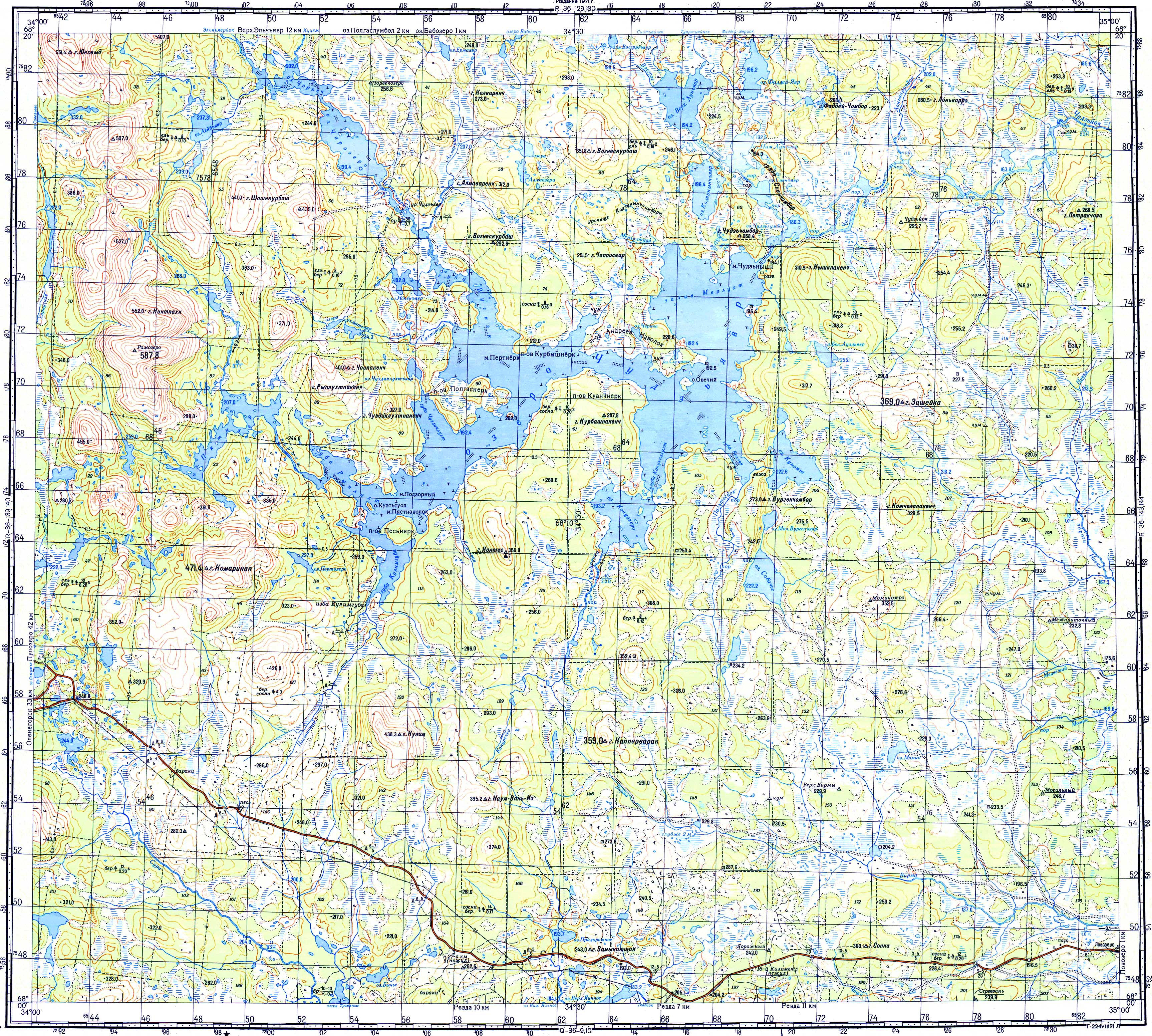 Топографические карты Генштаба / Карты листа R-37 (Кольский полуостров) / Карты масштаба 1:100000 (километровки) / Лист R-36-141,142 (озеро Чудзъявр)