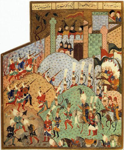 Осада Родоса в 1522 году. Миниатюра из Сулейман-наме. 1558. На переднем плане минёры ведут подкоп. Пока одни янычары обстреливают рыцарей, стоящих на стенах, другие - готовятся к штурму.
