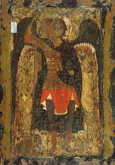 The Appearance of the Archangel Michael to Joshua Navin. The icon supposed to be the temple icon of Archangel Church, erected by Prince Michael Khorobrit (The Brave) on the place of Archangel Cathedral of the Moscow Kremlin. Second quarter of the XIII century. Assumption Cathedral of the Moscow Kremlin