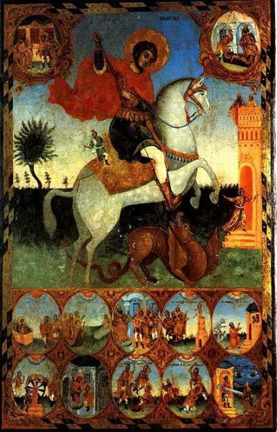 Bulgarian icons. Saint George with 10 scenes of his life. 1840-s. Saint George Church in Dripchevo village