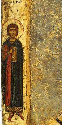 Saint Florus and Laurus. Marginal details of Saint Nicolas icon from Smolenskiy Cathedral of Novodevichiy monastery in Moscow. Early XIII century.