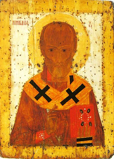 Saint Nicholas Wonderwoker. XIV century. 49 x 36. Kelion icon of saint Sergy of Radonezh. From the Trinity Cathedral of the Trinity-Saint-Sergy Lavra. Sergiev Posad Museum-Reserve of History and Art 