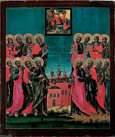 Icons of Apostle Peter. The Synaxis of the Twelve Apostles and the Holy Trinity. Icon from Petrovskoe (Rybinsk uyezd). Second half of XVIII century. Rybinsk Museum-Preserve