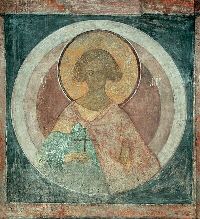 Andrei Rublev. Saint martyr Laurus. Fresco on the north-east column of Assumption Cathedral on the Gorodok in Zvenigorod