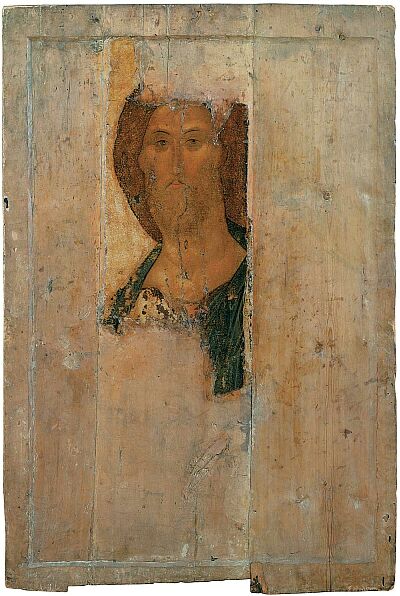 Moscow icons. Andrei Rublev. The Saviour. The icon from the Deisus Chin (Row)  of Assumption Cathedral on the Gorodok in Zvenigorod. State Tretyakov Gallery