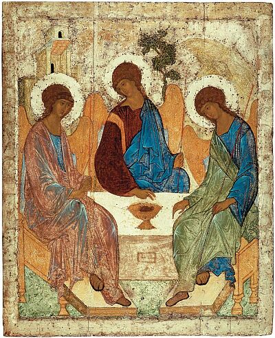 Moscow icons. Andrei Rublev. Troitsa (The Holy Trinity). Temple icon of the Trinity Cathedral in the Troitse-Sergiyeva Lavra (Trinity-Sergius Lavra). 1411. State Tretyakov Gallery