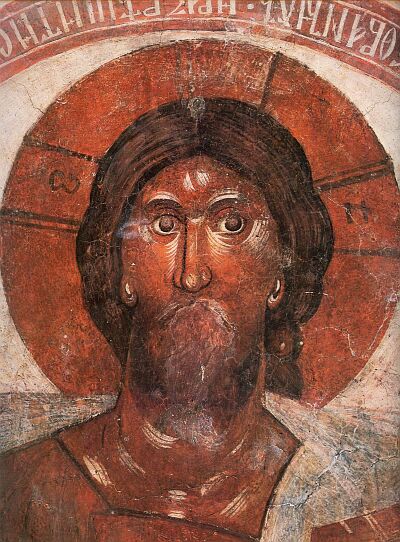 Theophanes the Greek. Christ Pantocrator. Fresco in the center of the cupola of Spas na Ilyine Church (The Church of Transfiguration of Christ) in Novgorod. 1378