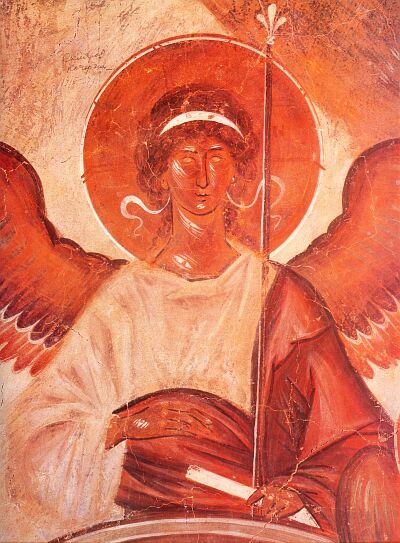 Theophanes the Greek. The Hospitality of Abraham (Old Testament Trinity). Fresco of Spas na Ilyine Church (The Church of Transfiguration of Christ) in Novgorod. 1378 