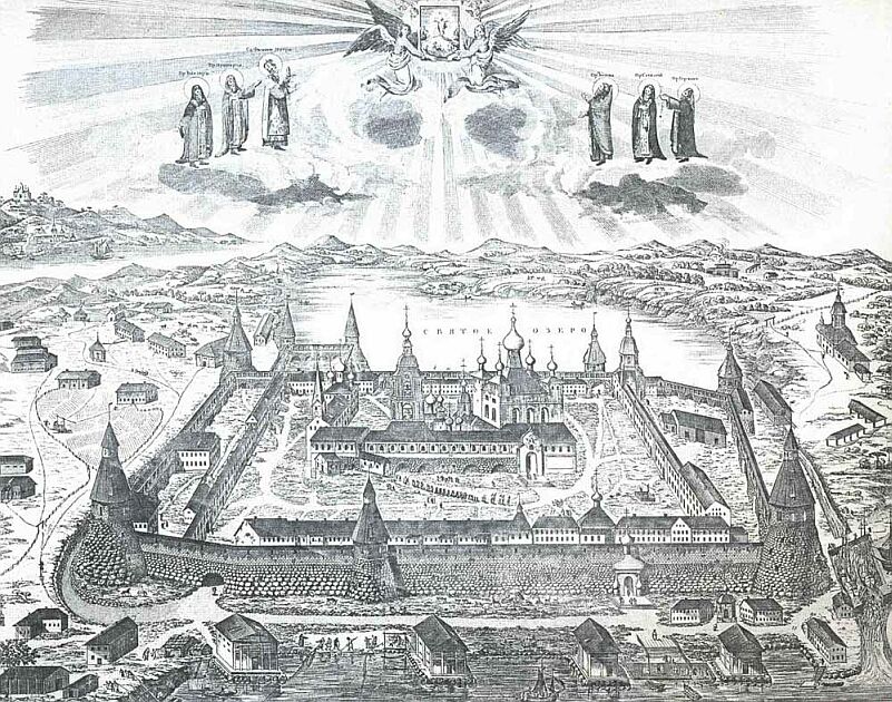 Solovki. Solovetsky Transfiguration Monastery. Saints Eleazar, Irinarch, Philip, Zosima, Savvatiy and German prayering to Transfiguration icon. 1827