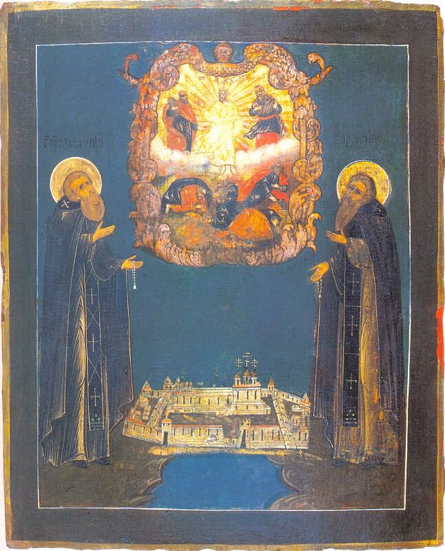 Solovki. Icon of Transfiguration with saints Zosimas and Sabbatius and Solovetsky Transfiguration monastery. XVIII century 