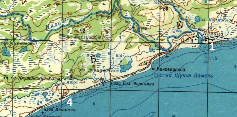 На карте двухкилометровке отмечены места упомянутые в быличке 1 - деревня Пялица, 2 - река Пялица, 3 - река Чернявка, 4 - гора Истопка. 