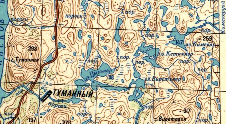 Ketkjavr - lake. Flow to the Serebryanskoe reservoir Serebryanskaya hydro power II from the right riverside via Viretjavr lake and Tumannaya river. In Saami ketk means a glutton, ketyk - a stone. Ketkjavr may be translated as Glutton-Lake or Stony-Lake. Ketkjavr lake on 1 : 200 000 map 