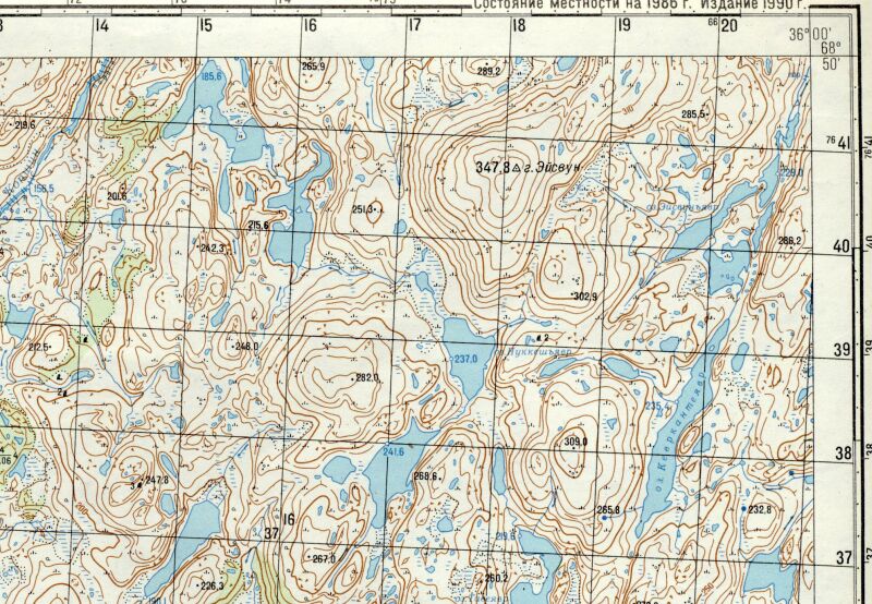 Озеро Нуккешъявр на карте полукилометровке 